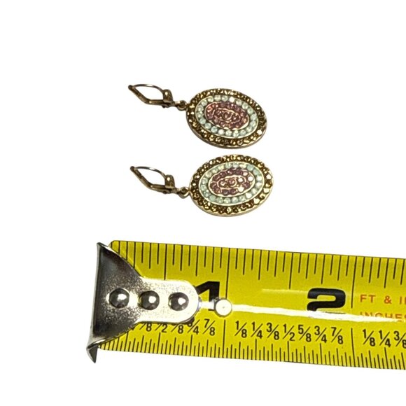 Gold Oval Dangle Earrings with Colorful Crystal Rhinestone Accents - Picture 6 of 6